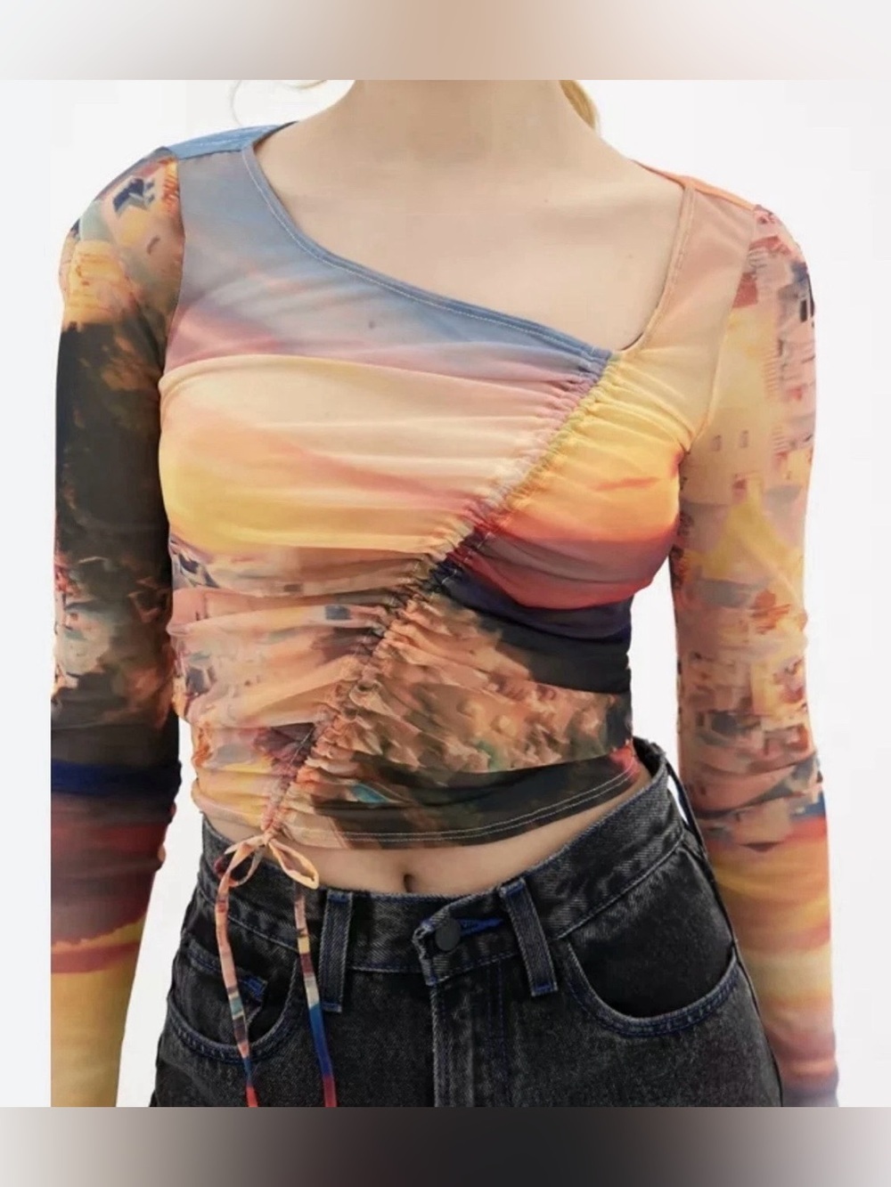 Urban Outfitters Mesh Top Ruched Asymmetrical Sunset Print Shona Fairy Medium